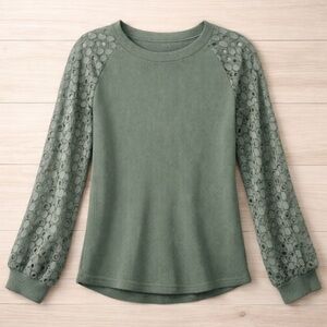 Miholl Green Eyelet Detail Long Sleeves Waffle Knit Shirt Size Medium